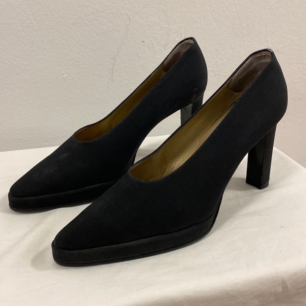 YSL vintage, 3.5 in. platform heel, black satin, leather interior. Size 8.5